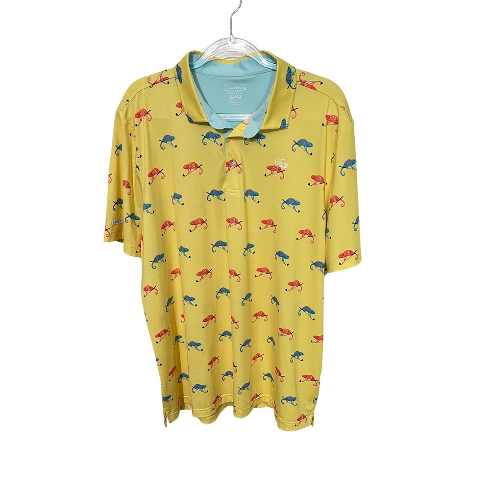 Good Good Golf Polo Shirt Mens 2XL Yellow Chameleon Print Short Sleeve Sport